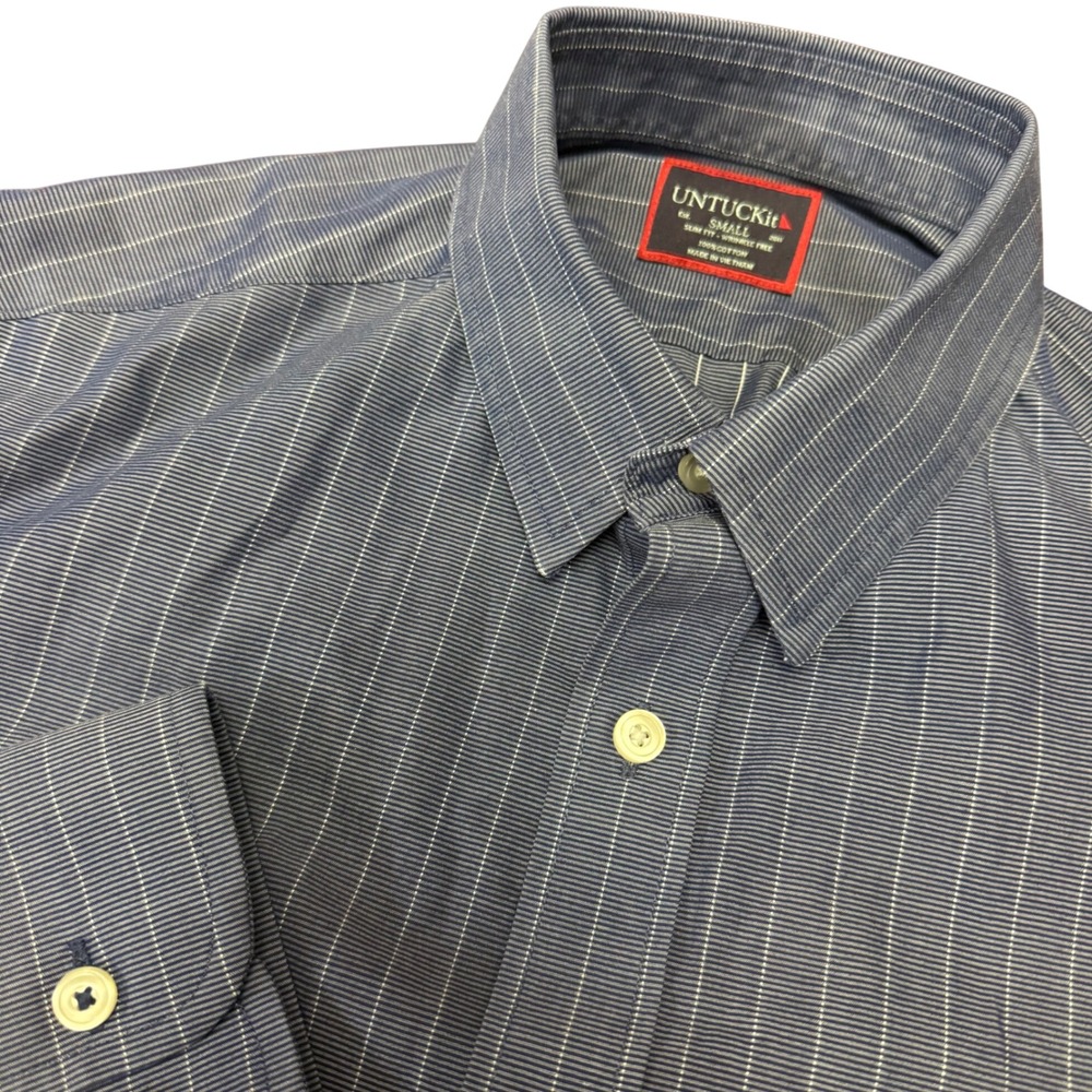 UNTUCKit Mens Small Slim Fit Wrinkle Free Blue Micro Stripe Button Down Shirt